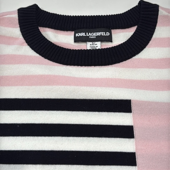 Karl Lagerfeld Paris Stripe Soft Lightweight Sweater Fabric Short Sleeve S - Picture 10 of 11